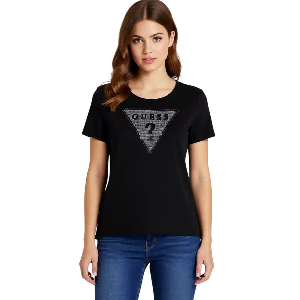 GuessBlack Rhinestone Triangle Logo T-Shirt Womens Small NWT